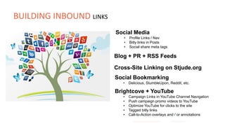 Social Media
• Profile Links / Nav
• Bitly links in Posts
• Social share meta tags
Blog + PR + RSS Feeds
Cross-Site Linking on Stjude.org
Social Bookmarking
• Delicious, StumbleUpon, Reddit, etc.
Brightcove + YouTube
• Campaign Links in YouTube Channel Navigation
• Push campaign promo videos to YouTube
• Optimize YouTube for clicks to the site
• Tagged bitly links
• Call-to-Action overlays and / or annotations
BUILDING INBOUND LINKS
 