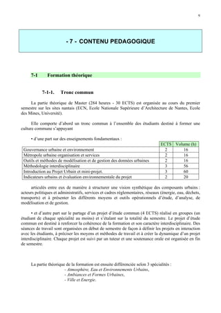 9

- 7 - CONTENU PEDAGOGIQUE

7-1

Formation théorique
7-1-1.

Tronc commun

La partie théorique de Master (284 heures - 30 ECTS) est organisée au cours du premier
semestre sur les sites nantais (ECN, Ecole Nationale Supérieure d’Architecture de Nantes, Ecole
des Mines, Université).
Elle comporte d’abord un tronc commun à l’ensemble des étudiants destiné à former une
culture commune s’appuyant
• d’une part sur des enseignements fondamentaux :
Gouvernance urbaine et environnement
Métropole urbaine organisation et services
Outils et méthodes de modélisation et de gestion des données urbaines
Méthodologie interdisciplinaire
Introduction au Projet Urbain et mini-projet.
Indicateurs urbains et évaluation environnementale du projet

ECTS Volume (h)
2
16
2
16
2
16
3
56
3
60
2
20

articulés entre eux de manière à structurer une vision synthétique des composants urbains :
acteurs politiques et administratifs, services et cadres réglementaires, réseaux (énergie, eau, déchets,
transports) et à présenter les différents moyens et outils opérationnels d’étude, d’analyse, de
modélisation et de gestion.
• et d’autre part sur le partage d’un projet d’étude commun (4 ECTS) réalisé en groupes (un
étudiant de chaque spécialité au moins) et s’étalant sur la totalité du semestre. Le projet d’étude
commun est destiné à renforcer la cohérence de la formation et son caractère interdisciplinaire. Des
séances de travail sont organisées en début de semestre de façon à définir les projets en interaction
avec les étudiants, à préciser les moyens et méthodes de travail et à créer la dynamique d’un projet
interdisciplinaire. Chaque projet est suivi par un tuteur et une soutenance orale est organisée en fin
de semestre.

La partie théorique de la formation est ensuite différenciée selon 3 spécialités :
- Atmosphère, Eau et Environnements Urbains,
- Ambiances et Formes Urbaines,
- Ville et Energie.

 