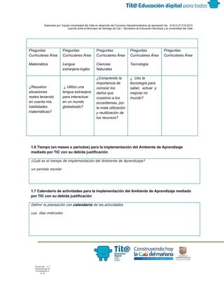  
 
 
  Elaborado por: Equipo Universidad del Valle en desarrollo del Convenio interadministrativo de asociación No.  4143.0.27.016­2015 
suscrito entre el Municipio de Santiago de Cali – Secretaría de Educación Municipal y la Universidad del Valle  
 
 
 
Preguntas 
Curriculares Área  
Matemática 
Preguntas 
Curriculares Área  
Lengua 
extranjera­inglés 
Preguntas 
Curriculares Área  
Ciencias 
Naturales 
Preguntas 
Curriculares Área 
Tecnología  
Preguntas 
Curriculares Área  
 
 
¿Resuelvo 
situaciones 
reales teniendo 
en cuenta mis 
habilidades 
matemáticas? 
 
 
  
 ¿ Utilizo una 
lengua extranjera 
para interactuar 
en un mundo 
globalizado? 
¿Comprendo la 
importancia de 
conocer los 
daños que 
ocasiono a los 
ecosistemas, por 
la mala utilización 
y reutilización de 
los recursos?   
  
¿  Uso la 
tecnología para 
saber,  actuar  y 
mejorar mi 
mundo? 
  
 
 
1.6 Tiempo (en meses o periodos) para la implementación del Ambiente de Aprendizaje 
mediado por TIC con su debida justificación 
¿Cuál es el tiempo de implementación del Ambiente de Aprendizaje?
un periodo escolar
 
1.7 Calendario de actividades para la implementación del Ambiente de Aprendizaje mediado 
por TIC con su debida justificación 
Definir la planeación con ​calendario​de las actividades
Los días miércoles
 