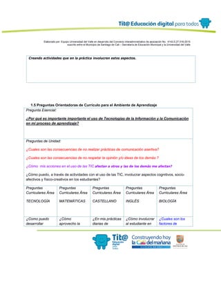 Elaborado por: Equipo Universidad del Valle en desarrollo del Convenio interadministrativo de asociación No. 4143.0.27.016-2015
suscrito entre el Municipio de Santiago de Cali – Secretaría de Educación Municipal y la Universidad del Valle
Creando actividades que en la práctica involucren estos aspectos.
1.5 Preguntas Orientadoras de Currículo para el Ambiente de Aprendizaje
Pregunta Esencial:
¿Por qué es importante importante el uso de Tecnologías de la Información y la Comunicación
en mi proceso de aprendizaje?
Preguntas de Unidad:
¿Cuales son las consecuencias de no realizar prácticas de comunicación asertiva?
¿Cuales son las consecuencias de no respetar la opinión y/o ideas de los demás ?
¿Cómo mis acciones en el uso de las TIC afectan a otros y las de los demás me afectan?
¿Cómo puedo, a través de actividades con el uso de las TIC, involucrar aspectos cognitivos, socio-
afectivos y físico-creativos en los estudiantes?
Preguntas
Curriculares Área
TECNOLOGÍA
Preguntas
Curriculares Área
MATEMÁTICAS
Preguntas
Curriculares Área
CASTELLANO
Preguntas
Curriculares Área
INGLÉS
Preguntas
Curriculares Área
BIOLOGÍA
¿Como puedo
desarrollar
¿Cómo
aprovecho la
¿En mis prácticas
diarias de
¿Cómo involucrar
al estudiante en
¿Cuales son los
factores de
 