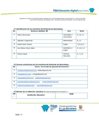 Elaborado por: Equipo Univ ersidad del Valle en desarrollo del Conv enio interadministrativ o de asociación No. 4143.0.27.016-2015
suscrito entre el Municipio de Santiago de Cali – Secretaría de Educación Municipal y la Univ ersidad del Valle
PAGE *
MERGEF
ORMAT
13
4.1 Identificación de los miembros del Ambiente de Aprendizaje
No. Nombres y Apellidos ME Área Grado
1 Wilson Bermudez Tecnología e
Informática
9, 10, 11
2 Sigifredo Chaguendo Matemáticas 6, 11.
3 Rubén Darío Ruales Inglés 7,9,10,11
4 Ana Milena Florez Alban Castellano e
Inglés
9, 10 y 11
5 Omaira Rojas Ciencias
Naturales
6, 7 y 8
4.2 Correos electrónicos de los miembros del Ambiente de Aprendizaje
No. Correo – En el orden de aparición del numeral 4.1
1 nicolas2204@hotmail.com, wilbevi@gmail.com
2 sichago@msn.com , sichago@gmail.com
3 eredar8@hotmail.com, eredarles@gmail.com
4 anamilenaflorez19@gmail.com, amfa19@hotmail.com
5 oritos0101@gmail.com, omy05@hotmail.com
4.3 Nombre de la institución educativa (En orden de aparición en el numeral 4.1)
No
.
Institución Educativa
Sede
 