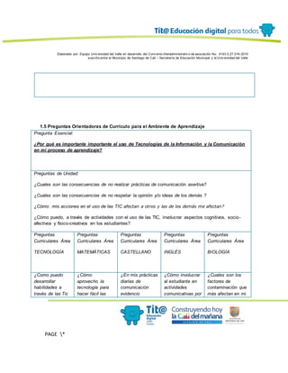 Elaborado por: Equipo Univ ersidad del Valle en desarrollo del Conv enio interadministrativ o de asociación No. 4143.0.27.016-2015
suscrito entre el Municipio de Santiago de Cali – Secretaría de Educación Municipal y la Univ ersidad del Valle
PAGE *
MERGEF
ORMAT
13
1.5 Preguntas Orientadoras de Currículo para el Ambiente de Aprendizaje
Pregunta Esencial:
¿Por qué es importante importante el uso de Tecnologías de la Información y la Comunicación
en mi proceso de aprendizaje?
Preguntas de Unidad:
¿Cuales son las consecuencias de no realizar prácticas de comunicación asertiva?
¿Cuales son las consecuencias de no respetar la opinión y/o ideas de los demás ?
¿Cómo mis acciones en el uso de las TIC afectan a otros y las de los demás me afectan?
¿Cómo puedo, a través de actividades con el uso de las TIC, involucrar aspectos cognitivos, socio-
afectivos y físico-creativos en los estudiantes?
Preguntas
Curriculares Área
TECNOLOGÍA
Preguntas
Curriculares Área
MATEMÁTICAS
Preguntas
Curriculares Área
CASTELLANO
Preguntas
Curriculares Área
INGLÉS
Preguntas
Curriculares Área
BIOLOGÍA
¿Como puedo
desarrollar
habilidades a
través de las Tic
¿Cómo
aprovecho la
tecnología para
hacer fácil las
¿En mis prácticas
diarias de
comunicación
evidencio
¿Cómo involucrar
al estudiante en
actividades
comunicativas por
¿Cuales son los
factores de
contaminación que
más afectan en mi
 