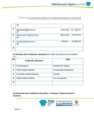 Elaborado por: Equipo Univ ersidad del Valle en desarrollo del Conv enio interadministrativ o de asociación No. 4143.0.27.016-2015
suscrito entre el Municipio de Santiago de Cali – Secretaría de Educación Municipal y la Univ ersidad del Valle
PAGE *
MERGEF
ORMAT
11
65
2 olguisha33@gmail.com 376 33 62 - 311 300 23
27
3 fabhuerts2014@gmail.com 662 24 09 - 316 752 20
48
4 eruizborja@gmail.com 3754212 - 318 895 80
04
5
4.3 Nombre de la institución educativa (En orden de aparición en el numeral
4.1)
No
.
Institución Educativa
Sede
1 El Hormiguero Pantano de Vargas
2 Pedro Antonio Molina Inmaculada Concepción
3 Humberto Jordan Mazuera Central
4 Pedro Antonio Molina Los vencedores
5
4.4 Dirección de la Institución Educativa – Principal / Sedes principal +
Comuna
 