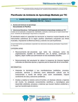 Elaborado por: Equipo Universidad del Valle en desarrollo del Convenio interadministrativo de asociación No. 4143.0.27.016-2015
suscrito entre el Municipio de Santiago de Cali – Secretaría de Educación Municipal y la Universidad del Valle
3
Planificador de Ambiente de Aprendizaje Mediado por TIC
1. DISEÑO INSTRUCCIONAL DEL AMBIENTE DE APRENDIZAJE
MEDIADO POR TIC – Parte A
1. Nombre del Ambiente de Aprendizaje
Escuchando mi Pacífico
2. Intenciones Educativas - Perfil egresado del Ambiente de Aprendizaje mediado por TIC
¿Cuáles son las aptitudes, competencias, habilidades, actitudes y valores que se espera desarrollar
con el Ambiente de Aprendizaje? Argumente su respuesta
El estudiante estará en capacidad de reconocer su herencia musical basada en los
instrumentos autóctonos de la región pacífica colombiana incluyendo sus ritmos
musicales, impulsando la diferencia étnica y cultural a la cual él pertenece.
¿A qué lineamientos y/o estándares responden las intenciones educativas planteadas? Argumente
su respuesta
CATEDRA AFRO
 Reconocimiento del estudiante qué tanto los individuos como las
organizaciones sociales se transforman con el tiempo, construyen un
legado y dejan huellas que permanecen en las sociedades actuales.
 Reconocimiento del estudiante de valorar la presencia de diversos legados
culturales de diferentes épocas y regiones para el desarrollo de la humanidad.
INFORMÁTICA
 Interpreta la tecnología y sus manifestaciones (artefactos, procesos,
productos, servicios y sistemas) como elaboración cultural, que ha
evolucionado a través del tiempo para cubrir necesidades, mejorar
condiciones de vida y solucionar problemas.
 Analiza y explica la manera como el hombre, en diversas culturas y regiones
del mundo, ha empleado conocimientos científicos y tecnológicos para
desarrollar artefactos, procesos y sistemas que buscan resolver problemas y
que han transformado el entorno.
 