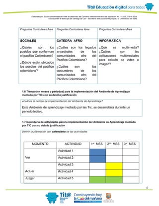Elaborado por: Equipo Universidad del Valle en desarrollo del Convenio interadministrativo de asociación No. 4143.0.27.016-2015
suscrito entre el Municipio de Santiago de Cali – Secretaría de Educación Municipal y la Universidad del Valle
6
Preguntas Curriculares Área Preguntas Curriculares Área Preguntas Curriculares Área
SOCIALES
¿Cuáles son los
pueblos que conforman
el pacifico Colombiano?
¿Dónde están ubicados
los pueblos del pacifico
colombiano?
CATEDRA AFRO
¿Cuáles son los legados
ancestrales de las
comunidades afro del
Pacifico Colombiano?
¿Cuáles son las
costumbres de las
comunidades afro del
Pacifico Colombiano?
INFORMATICA
¿Qué es multimedia?
¿Cuáles son las
aplicaciones multimediales
para edición de video e
imagen?
1.6 Tiempo (en meses o periodos) para la implementación del Ambiente de Aprendizaje
mediado por TIC con su debida justificación
¿Cuál es el tiempo de implementación del Ambiente de Aprendizaje?
Este Ambiente de aprendizaje mediado por las Tic, se desarrollara durante un
periodo lectivo.
1.7 Calendario de actividades para la implementación del Ambiente de Aprendizaje mediado
por TIC con su debida justificación
Definir la planeación con calendario de las actividades
MOMENTO ACTIVIDAD 1er MES 2do MES 3er MES
Ver
Actividad 1
Actividad 2
Actuar
Actividad 3
Actividad 4
Juzgar Actividad 5
 