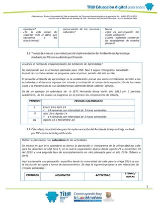 Elaborado por: Equipo Univ ersidad del Valle en desarrollo del Conv enio interadministrativ o de asociación No. 4143.0.27.016-2015
suscrito entre el Municipio de Santiago de Cali – Secretaría de Educación Municipal y la Univ ersidad del Valle
5
necesario?
 ¿Es la vida capaz de
soportar todo el daño que
causamos a los
ecosistemas?
conservación de los recursos
naturales?
fauna
 ¿Qué es conservación del
medio ambiente?
 ¿Cómo podemos conservar
los ecosistemas de nuestro
planeta?
1.6 Tiempo(enmesesoperiodos)paralaimplementacióndel Ambientede Aprendizaje
mediadoporTIC con sudebidajustificación
¿Cuál es el tiempo de implementación del Ambiente de Aprendizaje?
Se comprende que es el tiempo planeado para tit@ fase 5 según cronograma socializado.
A nivel de contexto escolar se programa para el primer periodo del año escolar
El presente ambiente de aprendizaje es la socialización previa que como introducción permite a los
estudiantes y al docente ingresar con interés y motivación al campo de la reproducción de los seres
vivos y la transmisión de sus características partiendo desde saberes previos.
Se da un ejemplo de calendario de la IETC Hernando Navia Varón año 2015 con 3 periodos
académicos, de los cuales se programa en el primero los componentes de interés.
PERIODO FECHAS CALENDARIO
I Enero 19 a Abril 24
 14 semanas con intensidad de 3 horas semanales
II Abril 29 a Agosto 14
 14 semanas con intensidad de 3 horas semanales
III Agosto 18 a Noviembre 20
1.7 Calendariode actividadesparalaimplementacióndel Ambiente de Aprendizaje mediado
por TIC con su debidajustificación
Definir la planeación con calendario de las actividades
Se insiste en que este calendario se deriva la planeación y cronograma de la universidad del valle
para los docentes de tit@ fase 5, en el cual la capacitación abarca desde agosto 25 a noviembre 30
del 2015 y una segunda fase de acompañamiento en sitio planeada para el año 2016 (febrero a
abril).
Aquí se necesita una planeación específica desde la universidad del valle para la etapa 2016 ya con
la institución escogida y forma de asesoramiento. Se deja la siguiente propuesta con intensidad de
3 horas semanales:
PERIODOS MOMENTOS ACTIVIDAD
TIEMPO/
HORAS
 