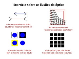 Todos os quatro círculos
têm o mesmo tom de azul?
A linha vermelha e a linha
azul têm o mesmo tamanho? As linhas vermelhas
formam quadrados perfeitos?
Exercício sobre as ilusões de óptica
As intersecções das listas
brancas não são mais escuras?
 