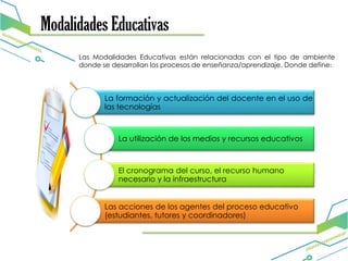 Modalidades Educativas
Las Modalidades Educativas están relacionadas con el tipo de ambiente
donde se desarrollan los procesos de enseñanza/aprendizaje. Donde define:
La formación y actualización del docente en el uso de
las tecnologías
La utilización de los medios y recursos educativos
El cronograma del curso, el recurso humano
necesario y la infraestructura
Las acciones de los agentes del proceso educativo
(estudiantes, tutores y coordinadores)
 