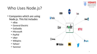 8
Who Uses Node.js?
• Companies which are using
Node.js. This list includes
• eBay
• General Electric
• GoDaddy
• Microsoft
• PayPal
• Uber
• Wikipins
• Yahoo!
• Yammer
 