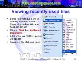 ICDL Module 2 - Using Computers & Managing Files (Windows XP ...