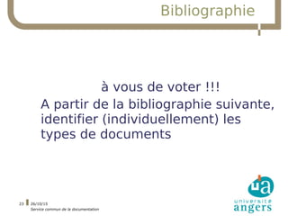 26/10/15
Service commun de la documentation
23
Bibliographie
à vous de voter !!!
A partir de la bibliographie suivante,
id...