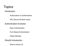 Topics
Introduction
Authorization vs Authentication
SSL (Secure Sockets Layer)
Authentication Evolution
Basic Authentication
Form Based Authentication
Failed Attempts
OAuth2 Introduction
What is OAuth 2.0
 