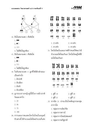 ·∫∫∑¥ Õ∫ «‘∑¬“»“ µ√å ¡.3 ¿“§‡√’¬π∑’Ë 1                                                  3


                   æàÕ            ·¡à

                                                           1         2       3     4          5          6


                                                           7         8       9     10         11         12


               1         2    3         4                 13         14      15    16         17         18


16.   ¬’π„πÀ¡“¬‡≈¢ 2 §◊Õ¢âÕ„¥                              19        20      21    22         23
      1.
      2.                                                  1. 22 ·∑àß        2. 44 ·∑àß

      3.                                                  3. 46 ·∑àß        4. 48 ·∑àß

      4. ‰¡à¡’¢âÕ„¥∂Ÿ°µâÕß                          21.   ‚§√‚¡‚´¡„π·ºπ¿“æ∑’Ë°”Àπ¥„Àâæ∫«à“¡’
17.   ¬’π„πÀ¡“¬‡≈¢ 3 §◊Õ¢âÕ„¥                             ®”π«πÕÕ‚µ‚´¡‡°‘π¡“ ‚§√‚¡‚´¡§Ÿà„¥∑’Ë¡’
      1.                                                  ÕÕ‚µ‚´¡‡°‘π¡“
      2.
      3.

      4.  ‰¡à¡’¢âÕ„¥∂Ÿ°µâÕß                                     1        2   3    4     5          6
18.   „π¬’πÀ¡“¬‡≈¢ 4 ≈Ÿ°∑’Ë ‰ ¥â ¡’ º‘ « ≈— ° …≥–
      ‡ªìπÕ¬à“ß‰√                                               7        8    9   10     11         12

      1. º‘«ª°µ‘
                                                                13   14      15   16    17         18
      2. º‘«‡º◊Õ°

      3. º‘«¥”                                                  19   20      21   22    23

      4. º‘«‡À≈◊Õß

19.   ≈Ÿ ° ¢Õß™“¬À≠‘ ß §Ÿà π’È ¡’ ‚Õ°“ º‘ « ª°µ‘          1. §Ÿà∑’Ë 19            2. §Ÿà∑’Ë 20
      √âÕ¬≈–‡∑à“‰√                                        3. §Ÿà∑’Ë 21            4. §Ÿà∑’Ë 22
      1. 25                                         22.   ®“°¢âÕ 21 πà“®–‡ªìπ‚√§æ—π∏ÿ°√√¡°≈ÿà¡
      2. 50                                               Õ“°“√„¥
      3. 75                                               1. °≈ÿà¡Õ“°“√‡ÕÁ¥‡«‘√å¥
      4. 100                                              2. °≈ÿà¡Õ“°“√¥“«πå
20.   ®“°·ºπ¿“æ· ¥ß‚§√‚¡‚´¡„π¡πÿ … ¬å                     3. °≈ÿà¡Õ“°“√‰§≈πå‡ø≈‡µÕ√å
      ¢â“ß≈à“ßπ’È ¡’®”π«πÕÕ‚µ‚´¡®”π«π°’Ë·∑àß              4. °≈ÿà¡Õ“°“√§√‘¥Ÿ™“µå
 