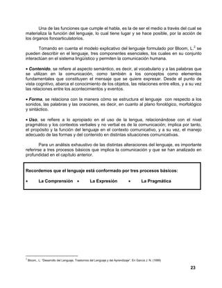 23
Una de las funciones que cumple el habla, es la de ser el medio a través del cual se
materializa la función del lenguaje, lo cual tiene lugar y se hace posible, por la acción de
los órganos fonoarticulatorios.
Tomando en cuenta el modelo explicativo del lenguaje formulado por Bloom, L.2
se
pueden describir en el lenguaje, tres componentes esenciales, los cuales en su conjunto
interactúan en el sistema lingüístico y permiten la comunicación humana.
• Contenido, se refiere al aspecto semántico, es decir, al vocabulario y a las palabras que
se utilizan en la comunicación, como también a los conceptos como elementos
fundamentales que constituyen el mensaje que se quiere expresar. Desde el punto de
vista cognitivo, abarca el conocimiento de los objetos, las relaciones entre ellos, y a su vez
las relaciones entre los acontecimientos y eventos.
• Forma, se relaciona con la manera cómo se estructura el lenguaje con respecto a los
sonidos, las palabras y las oraciones, es decir, en cuanto al plano fonológico, morfológico
y sintáctico.
• Uso, se refiere a lo apropiado en el uso de la lengua, relacionándose con el nivel
pragmático y los contextos verbales y no verbal es de la comunicación; implica por tanto,
el propósito y la función del lenguaje en el contexto comunicativo, y a su vez, el manejo
adecuado de las formas y del contenido en distintas situaciones comunicativas.
Para un análisis exhaustivo de las distintas alteraciones del lenguaje, es importante
referirse a tres procesos básicos que implica la comunicación y que se han analizado en
profundidad en el capítulo anterior.
Recordemos que el lenguaje está conformado por tres procesos básicos:
• La Comprensión • La Expresión • La Pragmática
2
Bloom,. L: “Desarrollo del Lenguaje, Trastornos del Lenguaje y del Aprendizaje”. En García J. N. (1999)
 