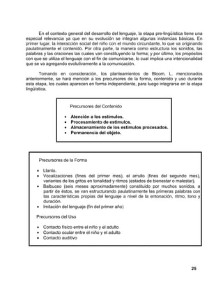 25
En el contexto general del desarrollo del lenguaje, la etapa pre-lingüística tiene una
especial relevancia ya que en su evolución se integran algunas instancias básicas. En
primer lugar, la interacción social del niño con el mundo circundante, lo que va originando
paulatinamente el contenido. Por otra parte, la manera como estructura los sonidos, las
palabras y las oraciones las cuales van constituyendo la forma; y por último, los propósitos
con que se utiliza el lenguaje con el fin de comunicarse, lo cual implica una intencionalidad
que se va agregando evolutivamente a la comunicación.
Tomando en consideración, los planteamientos de Bloom, L. mencionados
anteriormente, se hará mención a los precursores de la forma, contenido y uso durante
esta etapa, los cuales aparecen en forma independiente, para luego integrarse en la etapa
lingüística.
Precursores de la Forma
• Llanto.
• Vocalizaciones (fines del primer mes), el arrullo (fines del segundo mes),
variantes de los gritos en tonalidad y ritmos (estados de bienestar o malestar).
• Balbuceo (seis meses aproximadamente) constituido por muchos sonidos, a
partir de éstos, se van estructurando paulatinamente las primeras palabras con
las características propias del lenguaje a nivel de la entonación, ritmo, tono y
duración.
• Imitación del lenguaje (fin del primer año)
Precursores del Uso
• Contacto físico entre el niño y el adulto
• Contacto ocular entre el niño y el adulto
• Contacto auditivo
Precursores del Contenido
• Atención a los estímulos.
• Procesamiento de estímulos.
• Almacenamiento de los estímulos procesados.
• Permanencia del objeto.
 