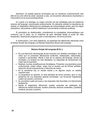 32
Asimismo, es posible apreciar sincinesias que se mantienen evolutivamente más
allá de los ocho años de edad; asociado a esto, se encuentran alteraciones importantes a
nivel práxico en la zona bucolinguofacial.
En cuanto a la etiología, su origen coincide con las señaladas para los trastornos
severos del lenguaje, mencionados anteriormente. Es relevante señalar la importancia de
realizar un diagnóstico diferencial con patologías de sintomatología similar, pero de origen
psiquiátrico, secundarias a déficit intelectual o concomitante a lesiones auditivas.
El pronóstico es desfavorable, considerando la complejidad sintomatológica que
conforma; por lo tanto, es un síndrome de gran dificultad desde el punto de vista
terapéutico, alcanzando progresos sólo a nivel expresivo, de forma primaria.
A continuación y con fines didácticos, se presentan las diferencias relevantes entre
el retraso Simple del Lenguaje y el Retraso Específico Severo del Lenguaje.
Retraso Simple del Lenguaje (R.S.L.)
• Es una disfunción del lenguaje de tipo evolutivo con desfase cronológico. Son
niños que no presentan alteraciones evidentes, intelectuales, relacionales,
motrices o sensoriales. Afecta a más de un aspecto del lenguaje, siendo la
fonología y la sintaxis los más afectados. La capacidad de comprensión es
mejor que la expresión.
• Realizan muchas simplificaciones fonológicas. Presentan una gramática poco
evolucionada, suelen utilizar jerga, hay un escaso uso de formas verbales,
reducción de las proposiciones y reducción de nexos.
• En la semántica hay un retraso lexical y en algunos casos, un retardo
cognitivo leve.
• La pragmática en general, no está afectada de forma primaria, pero sí hay
presencia de una expresión gestual aumentada. Las funciones lingüísticas
suelen ser pobres o primarias.
• Su pronóstico suele ser bueno y de respuesta más favorable a la intervención
terapéutica.
• Desde el diagnóstico diferencial, quedan excluidas las patologías de
deficiencia mental profunda, sordera profunda, lesiones cerebrales y parálisis
cerebral, psicosis y autismo.
 