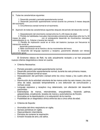 75
A. Todas las características siguientes:
1. Desarrollo prenatal y perinatal aparentemente normal.
2. Desarrollo psicomotor aparentemerte normal durante los primeros 5 meses después
del nacimiento.
3. Circunferencia craneal normal en el nacimiento.
B. Aparición de todas las características siguientes después del período del desarrollo normal:
1. Desaceleración del crecimiento craneal ertre los 5 y 48 meses de edad.
2. Pérdida de habilidades manuales intencionales previamente adquiridas ertre los 5 y 30
meses de edad, con el subsiguiente desarrollo de movimientos manuales
estereotipados (p. ej., frotarse o lavarse las manos).
3. Pérdida de implicación social en el inicio del trastorno (aunque con frecuencia la
interacción social se
desarrolla posteriormente).
4. Mala coordinación de la marcha o de los movimientos del tronco.
5. Desarrollo del lenguaje expresivo y receptivo, gravemente afectado con retraso
psicomotor grave.
El Síndrome clásico de Rett, ha sido actualmente revisado y se han propuesto
nuevos criterios diagnósticos a tener en cuenta:
Criterios Necesarios:
o Período prenatal y perinatal aparentemente normal.
o Desarrollo psicomotor aparentemente normal, durante los seis primeros meses.
o Perímetro craneal normal al nacer.
o Desaceleración del perímetro craneal entre los cinco meses y los cuatro años de
vida.
o Disminución de la actividad voluntaria de las manos entre los seis meses y los cinco
años de edad, asociado temporalmente a una disfunción de comunicación y
rechazo social.
o Lenguaje expresivo y receptivo muy deteriorado, con afectación del desarrollo
psicomotor.
o Estereotipias de manos, retorciéndolas, empujándolas, haciendo palmas,
golpeándolas, ensalivando, lavados de manos y automatismos de fricción.
o Anomalías en la deambulación o no adquisición de la marcha.
o Posibilidad de un diagnóstico clínico entre los dos a cinco años de edad.
Criterios de Soporte:
o Anomalías del ritmo respiratorio en vigilia.
o Apneas periódicas en vigilia.
o Hiperventilación intermitente.
o Períodos de contener la respiración.
o Emisión forzada de aire y de saliva.
 