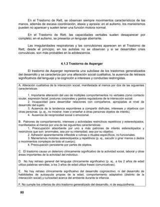 80
En el Trastorno de Rett, se observan siempre movimientos característicos de las
manos, además de escasa coordinación, ataxia y apraxia; en el autismo, los manierismos
pueden no aparecer y suelen tener una función motora normal.
En el Trastorno de Rett, las capacidades verbales suelen desaparecer por
completo; en el autismo, se presenta un lenguaje aberrante.
Las irregularidades respiratorias y las convulsiones aparecen en el Trastorno de
Rett, desde el principio; en los autistas no se observan y si se desarrollan crisis
convulsivas, son más probables en la adolescencia.
4.1.3 Trastorno de Asperger
El trastorno de Asperger representa una subclase de los trastornos generalizados
del desarrollo y se caracteriza por una alteración social cualitativa, la ausencia de retrasos
significativos del lenguaje y la cognición e intereses y conductas restringidas.
A. Alteración cualitativa de la interacción social, manifestada al menos por dos de las siguientes
características:
1. Importante alteración del uso de múltiples comportamientos no verbales como contacto
ocular, expresión facial, posturas corporales y gestos reguladores de la interacción social.
2. Incapacidad para desarrollar relaciones con compañeros, apropiadas al nivel de
desarrollo del sujeto.
3. Ausencia de la tendencia espontánea a compartir disfrutes, intereses y objetivos con
otras personas (p. ej., no mostrar, traer o enseñar a otras personas objetos de interés).
4. Ausencia de reciprocidad social o emocional.
B. Patrones de comportamiento, intereses y actividades restrictivos repetitivos y estereotipados,
manifestados al menos por una de las siguientes características:
1. Preocupación absorbente por uno a más patrones de interés estereotipados y
restrictivos que son anormales, sea por su intensidad, sea por su objetivo.
2. Adhesión aparentemente inflexible a rutinas o rituales específicos, no funcionales.
3. Manierismos motores estereotipados y repetitivos (p. ej., sacudir o girar manos o dedos
o movimientos complejos de todo el cuerpo).
4. Preocupación persistente por partes de objetos.
C. El trastorno causa un deterioro clínicamente significativo de la actividad social, laboral y otras
áreas importantes de la actividad del individuo.
D. No hay retraso general del lenguaje clínicamente significativo (p. ej., a los 2 años de edad
utiliza palabras sencillas, a los 3 años de edad utiliza frases comunicativas).
E. No hay retraso clínicamente significativo del desarrollo cognoscitivo, ni del desarrollo de
habilidades de autoayuda propias de la edad, comportamiento adaptativo (distinto de la
interacción social) y curiosidad acerca del ambiente durante la infancia.
F. No cumple los criterios de otro trastorno generalizado del desarrollo, ni de esquizofrenia.
 