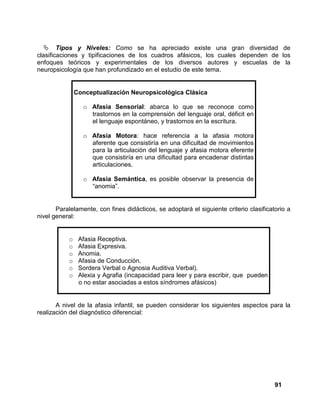 91
Tipos y Niveles: Como se ha apreciado existe una gran diversidad de
clasificaciones y tipificaciones de los cuadros afásicos, los cuales dependen de los
enfoques teóricos y experimentales de los diversos autores y escuelas de la
neuropsicología que han profundizado en el estudio de este tema.
Conceptualización Neuropsicológica Clásica
o Afasia Sensorial: abarca lo que se reconoce como
trastornos en la comprensión del lenguaje oral, déficit en
el lenguaje espontáneo, y trastornos en la escritura.
o Afasia Motora: hace referencia a la afasia motora
aferente que consistiría en una dificultad de movimientos
para la articulación del lenguaje y afasia motora eferente
que consistiría en una dificultad para encadenar distintas
articulaciones.
o Afasia Semántica, es posible observar la presencia de
“anomia”.
Paralelamente, con fines didácticos, se adoptará el siguiente criterio clasificatorio a
nivel general:
o Afasia Receptiva.
o Afasia Expresiva.
o Anomia.
o Afasia de Conducción.
o Sordera Verbal o Agnosia Auditiva Verbal).
o Alexia y Agrafia (incapacidad para leer y para escribir, que pueden
o no estar asociadas a estos síndromes afásicos)
A nivel de la afasia infantil, se pueden considerar los siguientes aspectos para la
realización del diagnóstico diferencial:
 