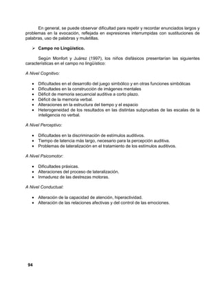 94
En general, se puede observar dificultad para repetir y recordar enunciados largos y
problemas en la evocación, reflejada en expresiones interrumpidas con sustituciones de
palabras, uso de palabras y muletillas.
Campo no Lingüístico.
Según Monfort y Juárez (1997), los niños disfásicos presentarían las siguientes
características en el campo no lingüístico:
A Nivel Cognitivo:
• Dificultades en el desarrollo del juego simbólico y en otras funciones simbólicas
• Dificultades en la construcción de imágenes mentales
• Déficit de memoria secuencial auditiva a corto plazo.
• Déficit de la memoria verbal.
• Alteraciones en la estructura del tiempo y el espacio
• Heterogeneidad de los resultados en las distintas subpruebas de las escalas de la
inteligencia no verbal.
A Nivel Perceptivo:
• Dificultades en la discriminación de estímulos auditivos.
• Tiempo de latencia más largo, necesario para la percepción auditiva.
• Problemas de lateralización en el tratamiento de los estímulos auditivos.
A Nivel Psicomotor:
• Dificultades práxicas.
• Alteraciones del proceso de lateralización.
• Inmadurez de las destrezas motoras.
A Nivel Conductual:
• Alteración de la capacidad de atención, hiperactividad.
• Alteración de las relaciones afectivas y del control de las emociones.
 