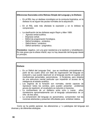98
Diferencias Esenciales entre Retraso Simple del Lenguaje y la Disfasia
o En el RSL hay un desfase cronológico en la conducta lingüística, en la
disfasia no se siguen las pautas normales de la adquisición.
o En el RSL está más afectada la expresión y en la disfasia la
comprensión.
o La clasificación de las disfasias según Rapin y Allen 1989:
- Agnosia verbal auditiva.
- Dispraxia verbal.
- Déficit de programación fonológica.
- Déficit fonológico - sintáctico.
- Déficit léxico - sintáctico.
- Déficit semántico - pragmático.
Pronóstico: negativo, con una gran resistencia a la reedición y rehabilitación.
Es más grave que la afasia infantil, aquí no hay desarrollo del lenguaje desde
un principio.
Disfasia
o Es un Déficit del Lenguaje Oral, que se manifiesta principalmente a
partir de los cuatro años con falta de organización del lenguaje en
evolución y que puede repercutir en el lenguaje escrito en sujetos sin
insuficiencias sensoriales, psicomotoras, ni fonatorias, pero dotados
de una estructura mental particular que impedirán el acceso de la
inteligencia al estadio analítico.
o Los órganos de la fonación son normales, siendo capaces de
reproducir todos los sonidos, pero pueden presentar problemas
graves de repetición, el vocabulario es reducido e impreciso.
o La morfosintaxis de un disfásico entre ocho y nueve años,
correlaciona aproximadamente con el lenguaje característico de un
niño de tres años.
o La comprensión del lenguaje es aproximativa, comprenden mal las
nociones abstractas y presentan dificultades para sintetizar relatos.
Como se ha podido apreciar, las alteraciones y / o patologías del lenguaje son
diversas y de diferentes etiologías.
 