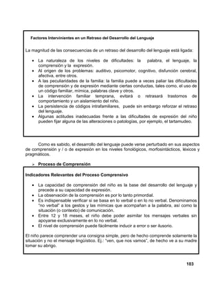 103
Factores Intervinientes en un Retraso del Desarrollo del Lenguaje
La magnitud de las consecuencias de un retraso del desarrollo del lenguaje está ligada:
• La naturaleza de los niveles de dificultades: la palabra, el lenguaje, la
comprensión y la expresión.
• Al origen de los problemas: auditivo, psicomotor, cognitivo, disfunción cerebral,
afectiva, entre otros.
• A las peculiaridades de la familia: la familia puede a veces paliar las dificultades
de comprensión y de expresión mediante ciertas conductas, tales como, el uso de
un código familiar, mímica, palabras clave y otros.
• La intervención familiar temprana, evitará o retrasará trastornos de
comportamiento y un aislamiento del niño.
• La persistencia de códigos intrafamiliares, puede sin embargo reforzar el retraso
del lenguaje.
• Algunas actitudes inadecuadas frente a las dificultades de expresión del niño
pueden fijar alguna de las alteraciones o patologías, por ejemplo, el tartamudeo.
Como es sabido, el desarrollo del lenguaje puede verse perturbado en sus aspectos
de comprensión y / o de expresión en los niveles fonológicos, morfosintácticos, léxicos y
pragmáticos.
Proceso de Comprensión
Indicadores Relevantes del Proceso Comprensivo
• La capacidad de comprensión del niño es la base del desarrollo del lenguaje y
precede a su capacidad de expresión.
• La observación de la comprensión es por lo tanto primordial.
• Es indispensable verificar si se basa en lo verbal o en lo no verbal. Denominamos
“no verbal” a los gestos y las mímicas que acompañan a la palabra, así como la
situación (o contexto) de comunicación.
• Entre 12 y 18 meses, el niño debe poder asimilar los mensajes verbales sin
apoyarse exclusivamente en lo no verbal.
• El nivel de comprensión puede fácilmente inducir a error o ser ilusorio.
El niño parece comprender una consigna simple, pero de hecho comprende solamente la
situación y no el mensaje lingüístico. Ej.: “ven, que nos vamos”, de hecho ve a su madre
tomar su abrigo.
 