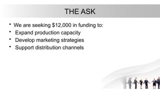 THE ASK
• We are seeking $12,000 in funding to:
• Expand production capacity
• Develop marketing strategies
• Support distribution channels
 