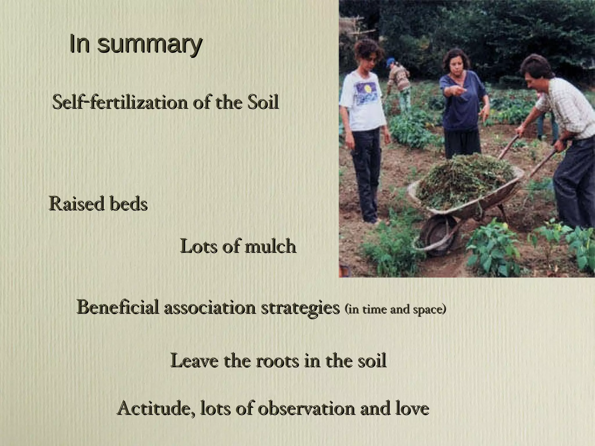 In summary Lots of mulch Beneficial association strategies  (in time and space) Leave the roots in the soil Actitude, lots of observation and love Self-fertilization of the Soil Raised beds 