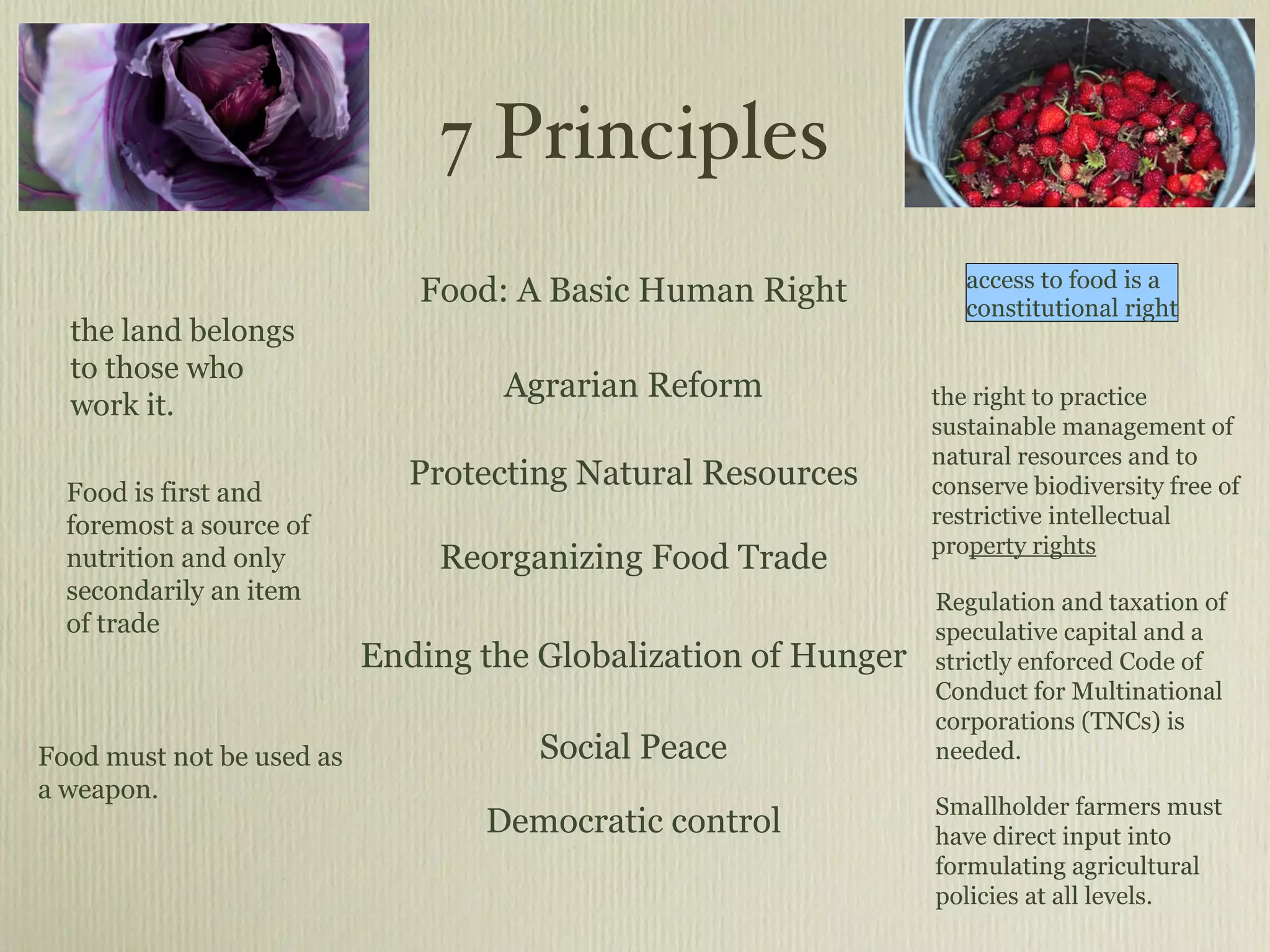 7 Principles Food: A Basic Human Right Agrarian Reform Protecting Natural Resources Reorganizing Food Trade Ending the Globalization of Hunger Social Peace Democratic control access to food is a  constitutional right the land belongs to those who work it. the right to practice sustainable management of natural resources and to conserve biodiversity free of restrictive intellectual pro perty rights Food is first and foremost a source of nutrition and only secondarily an item of trade Regulation and taxation of speculative capital and a strictly enforced Code of Conduct for Multinational corporations (TNCs) is needed. Food must not be used as a weapon. Smallholder farmers must have direct input into formulating agricultural policies at all levels.  