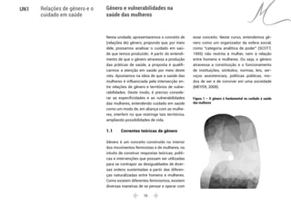  15 
UN1 Relações de gênero e o
cuidado em saúde
Gênero e vulnerabilidades na
saúde das mulheres
Nesta unidade, apresentaremos o conceito de
(relações de) gênero, propondo que, por meio
dele, possamos analisar o cuidado em saú-
de que temos produzido. A partir do entendi-
mento de que o gênero atravessa a produção
das práticas de saúde, a proposta é qualifi-
carmos a atenção em saúde por meio deste
viés. Apostamos na ideia de que a saúde das
mulheres é influenciada pela intersecção en-
tre relações de gênero e territórios de vulne-
rabilidades. Deste modo, é preciso conside-
rar as especificidades e as vulnerabilidades
das mulheres, entendendo cuidado em saúde
como um modo de, em aliança com as mulhe-
res, interferir no que restringe tais territórios,
ampliando possibilidades de vida.
1.1 	 Correntes teóricas de gênero
Gênero é um conceito construído no interior
dos movimentos feministas e de mulheres, no
intuito de construir respostas teóricas, políti-
cas e intervenções que possam ser utilizadas
para se contrapor as desigualdades de diver-
sas ordens sustentadas a partir das diferen-
ças naturalizadas entre homens e mulheres.
Como existem diferentes feminismos, existem
diversas maneiras de se pensar e operar com
esse conceito. Neste curso, entendemos gê-
nero como um organizador da esfera social,
como “categoria analítica de poder” (SCOTT,
1995) não restrita à mulher, nem à relação
entre homens e mulheres. Ou seja, o gênero
atravessa a constituição e o funcionamento
de instituições, símbolos, normas, leis, ser-
viços assistenciais, políticas públicas, mo-
dos de ser e de conviver em uma sociedade
(MEYER, 2008).
Figura 1 – O gênero é fundamental no cuidado à saúde
das mulheres
 