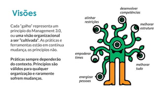 Cada “galho” representa um
princípio do Management 3.0,
ou uma visão organizacional
a ser “cultivada”. As práticas e
ferramentas estão em contínua
mudança, os princípios não.
Práticas sempre dependerão
do contexto. Princípios são
válidos para qualquer
organização e raramente
sofrem mudanças.
Visões
 