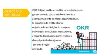 OKR (object and key-result) é uma estratégia de
gerenciamento para o estabelecimento e
acompanhamento de metas organizacionais.
OBJECT AND
KEY-RESULT
O propósito do OKR é alinhar
objetivos da instituição, da equipe e
individuais, a resultados mensuráveis,
enquanto todos os membros e líderes
da equipe trabalham juntos
em uma direção
unificada.
 