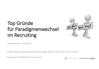 Top Gründe
für Paradigmenwechsel
im Recruiting
Insights diverser Ergebnisse aus Onlineumfragen Oktober 2016, Jänner 2017, Juli 2017
Nutzungsrechte lifeCREATOR Consulting GmbH
Pressekonferenz 14.09.2017
 