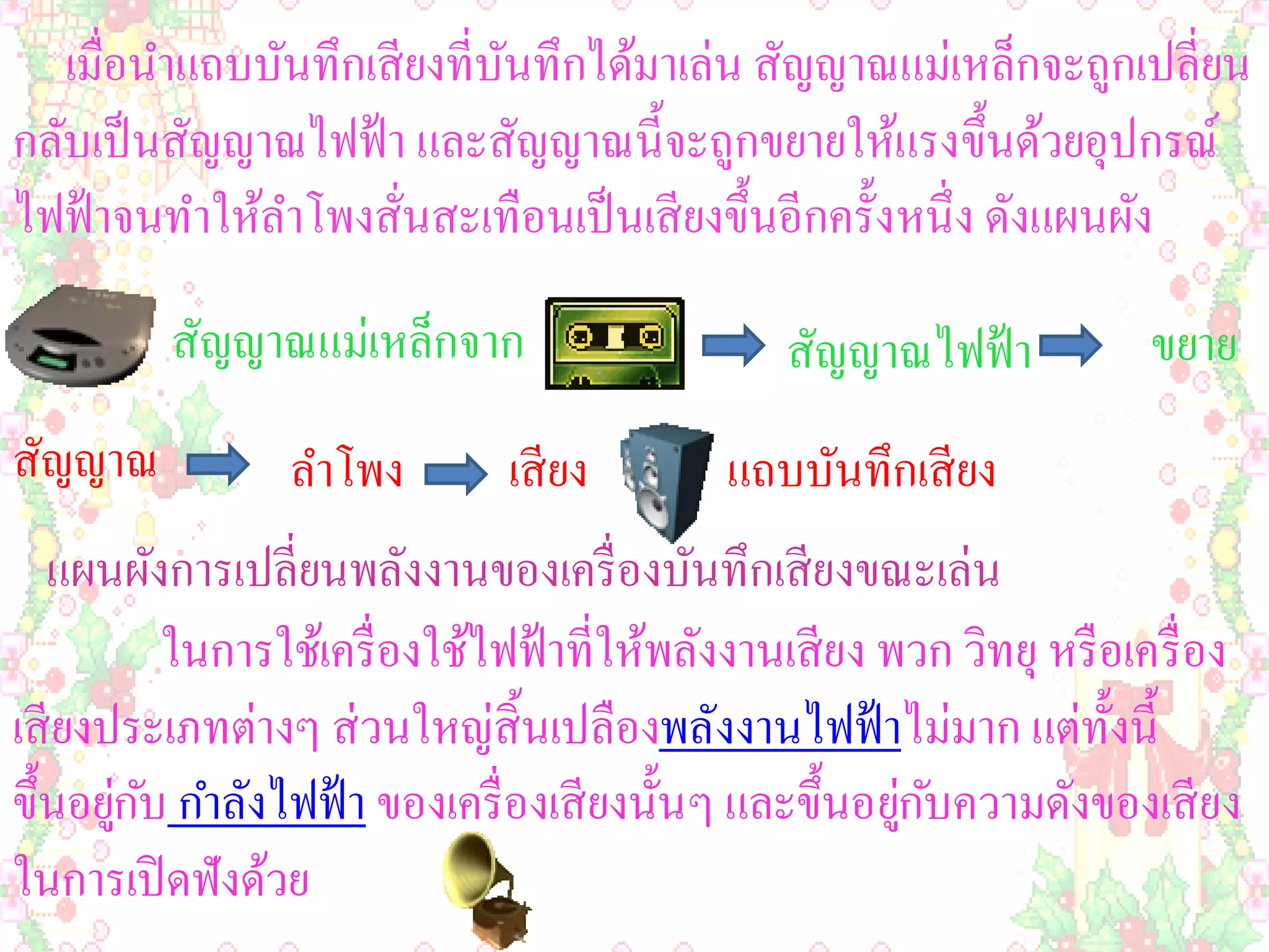 เมื่อนาแถบบันทึกเสี ยงที่บนทึกได้มาเล่น สัญญาณแม่เหล็กจะถูกเปลี่ยน
                             ั
กลับเป็ นสัญญาณไฟฟ้ า และสัญญาณนี้จะถูกขยายให้แรงขึ้นด้วยอุปกรณ์
ไฟฟ้ าจนทาให้ลาโพงสันสะเทือนเป็ นเสี ยงขึ้นอีกครั้งหนึ่ง ดังแผนผัง
                      ่
          สัญญาณแม่เหล็กจาก                      สัญญาณไฟฟ้ า            ขยาย
สัญญาณ           ลาโพง         เสี ยง        แถบบันทึกเสี ยง
   แผนผังการเปลี่ยนพลังงานของเครื่ องบันทึกเสี ยงขณะเล่น
           ในการใช้เครื่ องใช้ไฟฟ้ าที่ให้พลังงานเสี ยง พวก วิทยุ หรื อเครื่ อง
เสี ยงประเภทต่างๆ ส่ วนใหญ่ส้ิ นเปลืองพลังงานไฟฟ้ าไม่มาก แต่ท้ งนี้   ั
ขึ้นอยูกบ กาลังไฟฟ้ า ของเครื่ องเสี ยงนั้นๆ และขึ้นอยูกบความดังของเสี ยง
       ่ ั                                               ่ ั
ในการเปิ ดฟังด้วย
 