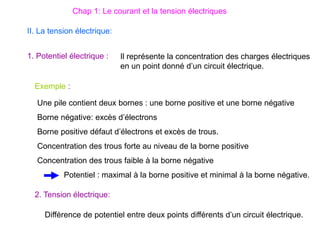 1. Potentiel électrique : Il représente la concentration des charges électriques
en un point donné d’un circuit électrique.
2. Tension électrique:
Différence de potentiel entre deux points différents d’un circuit électrique.
II. La tension électrique:
Une pile contient deux bornes : une borne positive et une borne négative
Borne négative: excès d’électrons
Borne positive défaut d’électrons et excès de trous.
Concentration des trous forte au niveau de la borne positive
Concentration des trous faible à la borne négative
Potentiel : maximal à la borne positive et minimal à la borne négative.
Exemple :
Chap 1: Le courant et la tension électriques
 