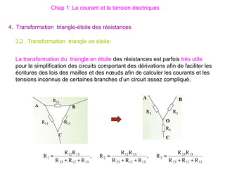 3.2 . Transformation triangle en étoile:
La transformation du triangle en étoile des résistances est parfois très utile
pour la simplification des circuits comportant des dérivations afin de faciliter les
écritures des lois des mailles et des nœuds afin de calculer les courants et les
tensions inconnus de certaines branches d’un circuit assez compliqué.
4. Transformation triangle-étoile des résistances
Chap 1: Le courant et la tension électriques
 
