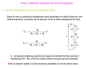 U : la tension totale aux bornes de toute la branche formée par les 3
résistances R1, R2, et R3 en série (même courant qui les traverse)
Dans le cas ou plusieurs résistances sont associées en série (sont sur une
même branche), la portion de la tension Ui de la ième résistance Ri vaut:
Chap 3: Méthodes d’analyse des circuits électriques
1. Diviseur de tension (cas d’une association série)
N.B: la tension totale U et les tensions partielles Ui ont le même sens.
 