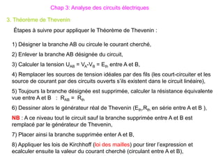 Chap 3: Analyse des circuits électriques
3. Théorème de Thevenin
Étapes à suivre pour appliquer le Théorème de Thevenin :
1) Désigner la branche AB ou circule le courant cherché,
2) Enlever la branche AB désignée du circuit,
3) Calculer la tension UAB = VA-VB = Eth entre A et B,
4) Remplacer les sources de tension idéales par des fils (les court-circuiter et les
source de courant par des circuits ouverts s’ils existent dans le circuit linéaire),
5) Toujours la branche désignée est supprimée, calculer la résistance équivalente
vue entre A et B : RAB = Rth
6) Dessiner alors le générateur réal de Thevenin (Eth,Rth en série entre A et B ),
NB : A ce niveau tout le circuit sauf la branche supprimée entre A et B est
remplacé par le générateur de Thevenin,
7) Placer ainsi la branche supprimée enter A et B,
8) Appliquer les lois de Kirchhoff (loi des mailles) pour tirer l’expression et
ecalculer ensuite la valeur du courant cherché (circulant entre A et B),
 