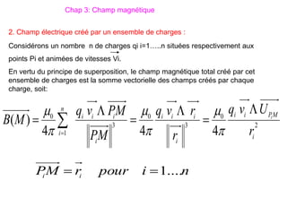 2. Champ électrique créé par un ensemble de charges :
Chap 3: Champ magnétique
Considérons un nombre n de charges qi i=1…..n situées respectivement aux
points Pi et animées de vitesses Vi.
En vertu du principe de superposition, le champ magnétique total créé par cet
ensemble de charges est la somme vectorielle des champs créés par chaque
charge, soit:
n
i
pour
r
M
P i
i ....
1


2
0
3
0
3
1
0
4
4
4
)
(
i
M
P
i
i
i
i
i
i
i
i
i
i
n
i r
U
v
q
r
r
v
q
M
P
M
P
v
q
M
B i





 
 





 