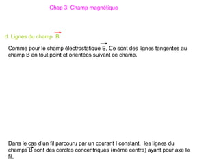 d. Lignes du champ B:
Chap 3: Champ magnétique
Comme pour le champ électrostatique E, Ce sont des lignes tangentes au
champ B en tout point et orientées suivant ce champ.
Dans le cas d’un fil parcouru par un courant I constant, les lignes du
champs B sont des cercles concentriques (même centre) ayant pour axe le
fil.
 