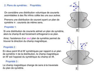 En deux point M et M’ symétriques par rapport à un plan
de symétrie π de la distribution, le champ magnétique
en M’ est l’opposé du symétrique du champ en M.
Propriété 2 :
Le champ magnétique change de sens à la traversée
du plan de symétrie.
Propriété 3 :
Si une distribution de courants admet un plan de symétrie,
alors le champ B est forcément orthogonal à ce plan.
Ainsi, l’existence d’un seul plan de symétrie permet de
trouver la direction du champ magnétique.
Propriété 1:
On considère une distribution volumique de courants
assimilables à des fils infinis collés les uns aux autres.
Prenons une distribution de courant ayant un plan de
symétrie π : courants de même sens.
2. Plans de symétries : Propriétés:
 