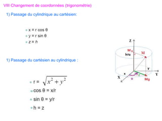 VIII Changement de coordonnées (trigonométrie)
1) Passage du cylindrique au cartésien:
1) Passage du cartésien au cylindrique :
 