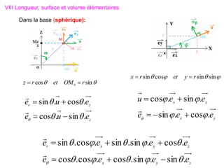 
 sin
cos 0 r
OM
et
r
z 




 sin
sin
cos
sin r
y
et
r
x 

z
z
r
e
u
e
e
u
e
.
sin
.
cos
.
cos
.
sin




 





y
x
y
x
e
e
e
e
e
u
.
cos
.
sin
.
sin
.
cos




 





z
y
x
z
y
x
r
e
e
e
e
e
e
e
e
.
sin
.
sin
.
cos
.
cos
.
cos
.
cos
.
sin
.
sin
.
cos
.
sin










 







Dans la base (sphérique):
VIII Longueur, surface et volume élémentaires
 