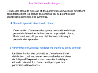Les distributions de charges
4 Plans de symétrie: direction du champ
L’intersection d’au moins deux plans de symétrie distincts
permet de déterminer la direction (ou support) du champ
électrostatique créé par une distribution continue qui
présente des symétries.
5 Paramètres d’invariance: variables du champ et/ ou du potentiel
La détermination des paramètres d’invariance d’une
distribution continue permet de connaître les variables
dont dépend l’expression du champ électrostatique
et/ou du potentiel. Le champ ne dépend pas des
paramètres d’invariances.
L’étude des plans de symétrie et des paramètres d’invariance simplifient
considérablement les calculs des champs et / ou potentiels des
distributions admettant des symétries.
 