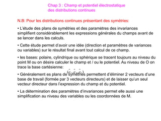 • L’étude des plans de symétries et des paramètres des invariances
simplifient considérablement les expressions générales du champs avant de
se lancer dans les calculs.
• Cette étude permet d’avoir une idée (direction et paramètres de variances
ou variables) sur le résultat final avant tout calcul de ce champ.
• les bases: polaire, cylindrique ou sphérique se tracent toujours au niveau du
point M ou on désire calculer le champ et / ou le potentiel. Au niveau de O on
trace la base cartésienne:
• Généralement es plans de symétries permettent d’éliminer 2 vecteurs d’une
base de travail (formée par 3 vecteurs directeurs) et de laisser qu’un seul
vecteur directeur dans l’expression du champ et du potentiel.
• La détermination des paramètres d’invariances permet elle aussi une
simplification au niveau des variables ou les coordonnées de M.
N.B: Pour les distributions continues présentant des symétries:
Chap 3 : Champ et potentiel électrostatique
des distributions continues
)
,
,
( z
y
x e
e
e
 