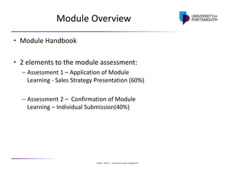 U24001 – Week 1 – Introduction to Sales Management
Module Overview
• Module Handbook
• 2 elements to the module assessment...