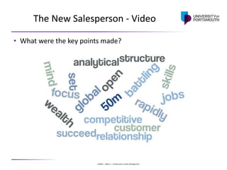 U24001 – Week 1 – Introduction to Sales Management
The New Salesperson - Video
• What were the key points made?
 