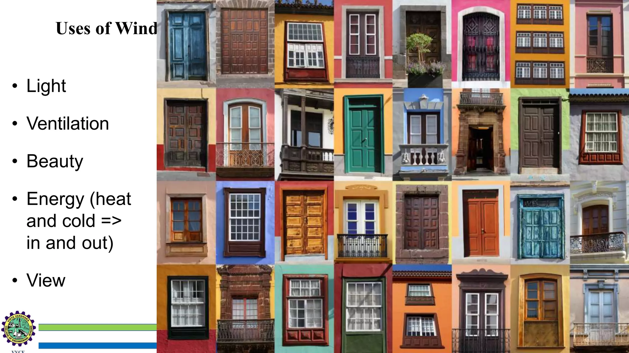 Sustainability Concepts in Civil Engineering (18CV654)
• Light
• Ventilation
• Beauty
• Energy (heat
and cold =>
in and out)
• View
Uses of Windows
 