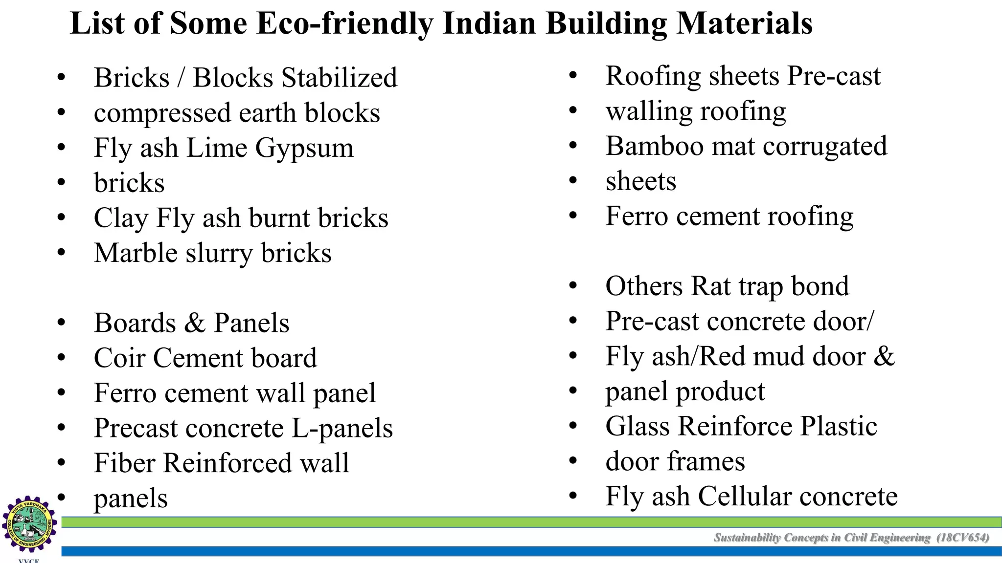 Sustainability Concepts in Civil Engineering (18CV654)
• Bricks / Blocks Stabilized
• compressed earth blocks
• Fly ash Lime Gypsum
• bricks
• Clay Fly ash burnt bricks
• Marble slurry bricks
• Boards & Panels
• Coir Cement board
• Ferro cement wall panel
• Precast concrete L-panels
• Fiber Reinforced wall
• panels
• Roofing sheets Pre-cast
• walling roofing
• Bamboo mat corrugated
• sheets
• Ferro cement roofing
• Others Rat trap bond
• Pre-cast concrete door/
• Fly ash/Red mud door &
• panel product
• Glass Reinforce Plastic
• door frames
• Fly ash Cellular concrete
List of Some Eco-friendly Indian Building Materials
 