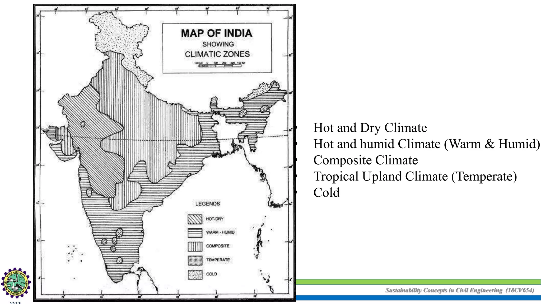 Sustainability Concepts in Civil Engineering (18CV654)
• Hot and Dry Climate
• Hot and humid Climate (Warm & Humid)
• Composite Climate
• Tropical Upland Climate (Temperate)
• Cold
 